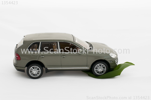 Image of Green leave and a car.Ecology conception