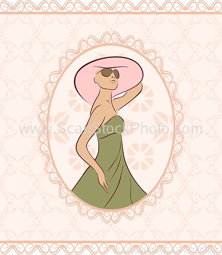 Image of vintage card with girl, sketch style