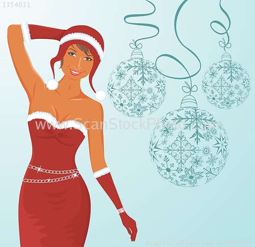 Image of christmas background with sexy lady and balls