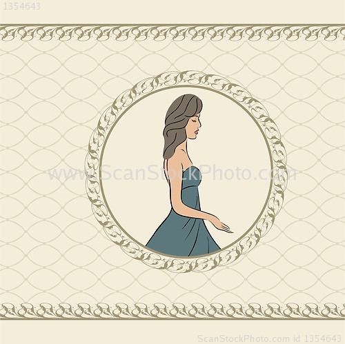 Image of vintage invitation with girl, sketch style