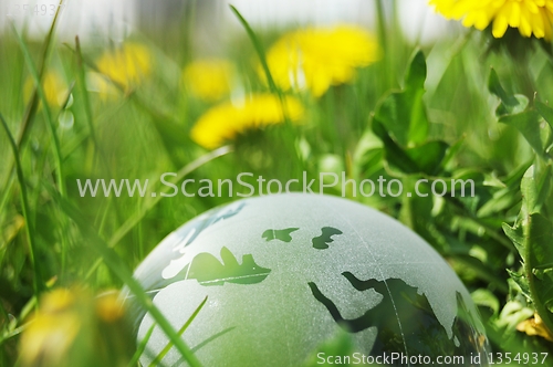 Image of glass globe or earth in grass