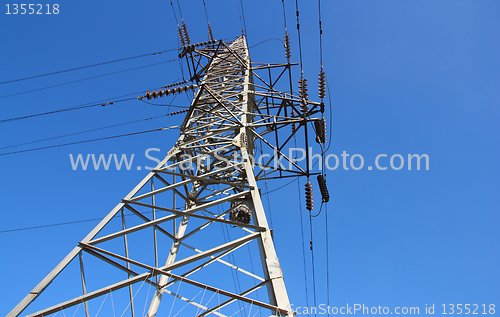 Image of high voltage post against the blue sky