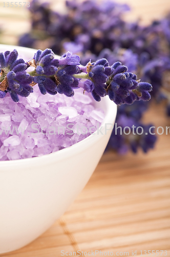 Image of Lavender flowers and the bath salt - beauty treatment 