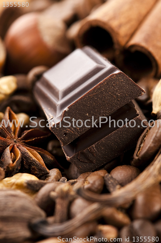 Image of chocolate with coffee beans, spices and nuts