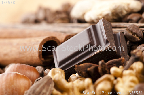 Image of chocolate with coffee beans, spices and nuts