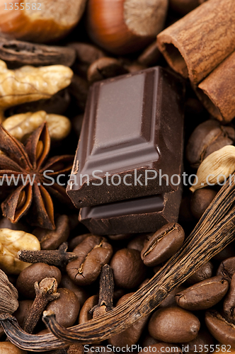 Image of chocolate with coffee beans, spices and nuts