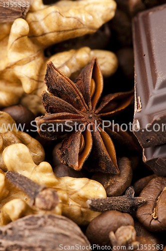 Image of chocolate with coffee beans, spices and nuts