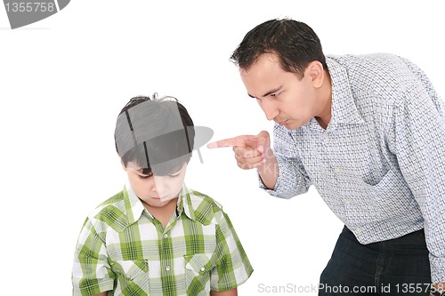 Image of A father is threatening his little boy with a finger 