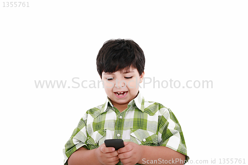 Image of Boy text messaging isolated over white 