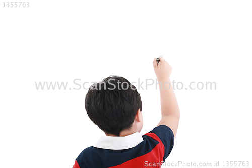 Image of Adorable boy writing on a over white background 