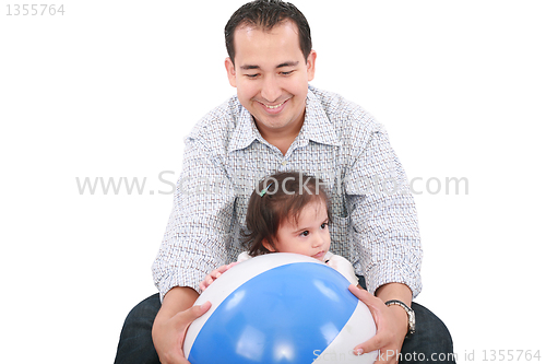 Image of cute dad with his daughter playing on a white 