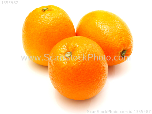 Image of Three ripe oranges lie nearby on a white background