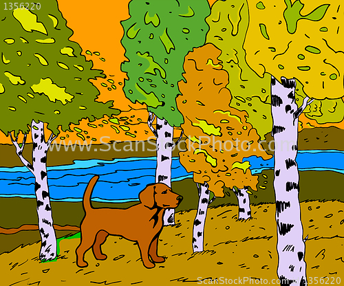 Image of autumn sunny landscape with forest river and dog - vector illust