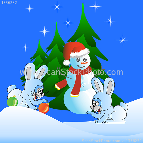 Image of Two white hare and the Snowman
