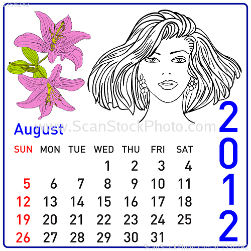 Image of 2012 year calendar in vector. August.