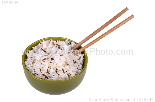 Image of rice in a bowl with chopsticks