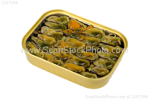 Image of Mussels in a tin isolated on white