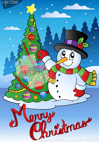 Image of Merry Christmas card with snowman 1