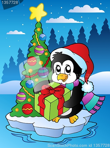 Image of Christmas scene with penguin