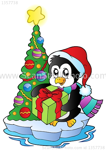 Image of Cartoon penguin with Christmas tree