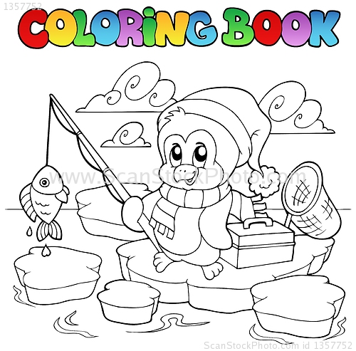 Image of Coloring book fishing penguin