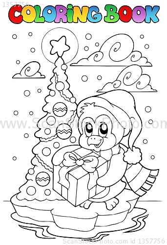 Image of Coloring book penguin holding gift