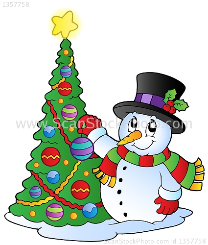Image of Cartoon snowman with Christmas tree