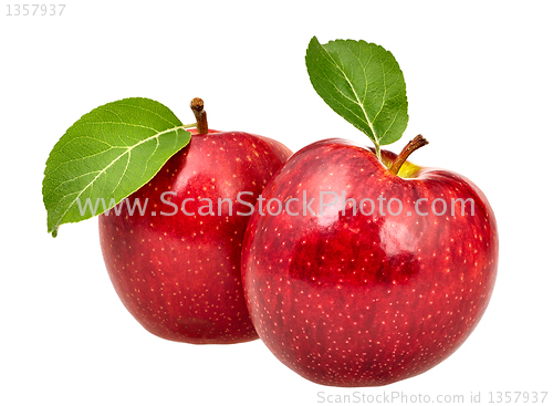 Image of Two red apples with leaves