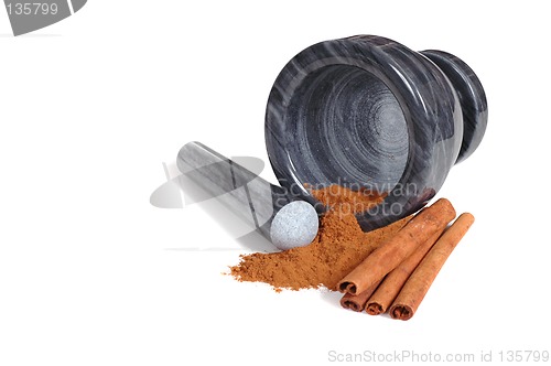 Image of Mortar with pestle and cinnamon
