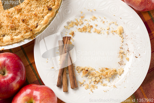 Image of Pie, Apples, Cinnamon Sticks and Copy Spaced Crumbs on Plate