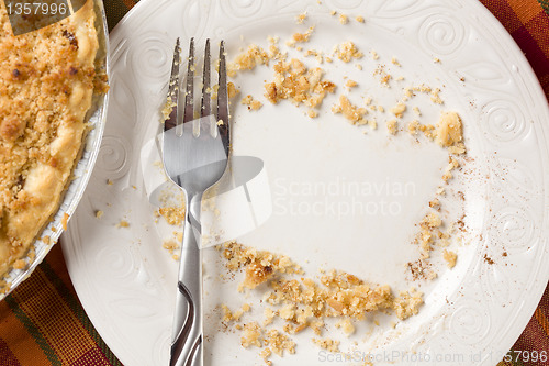 Image of Overhead of Pie, Fork and Copy Spaced Crumbs on Plate
