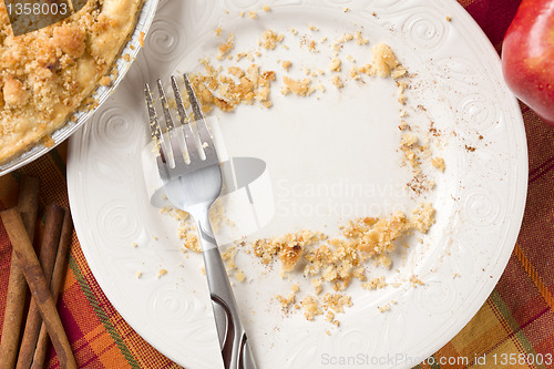 Image of Overhead of Pie, Apple, Cinnamon, Copy Spaced Crumbs on Plate