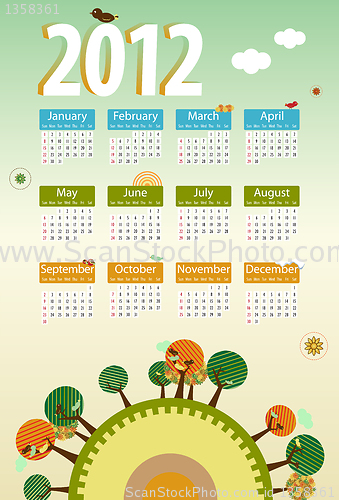 Image of Calendar 2012 environmental retro planet with trees,birds,flower