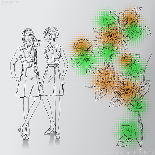 Image of fashion girls  on a floral background