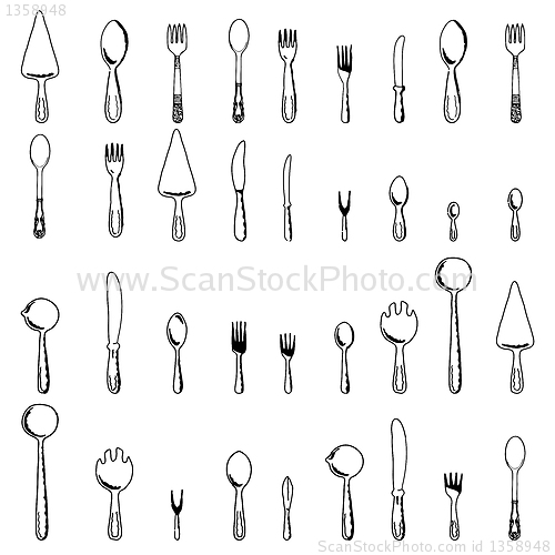 Image of Spoons, forks and knives on a white background. Vector illustrat