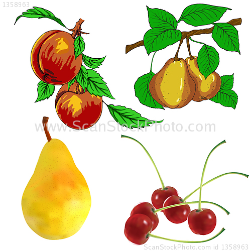 Image of set of pear fruits cherry and peach