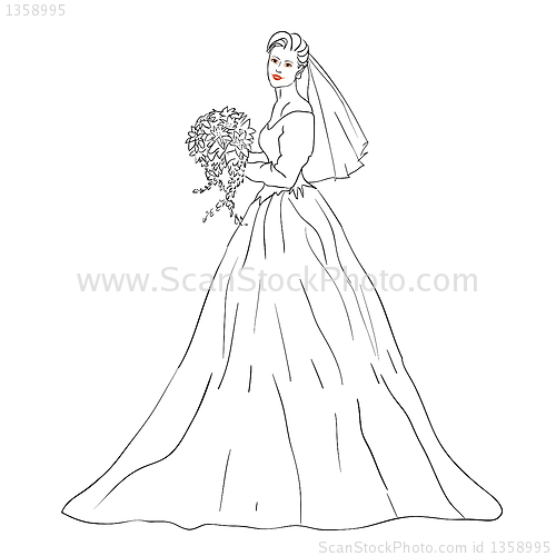 Image of Bride in wedding dress white with bouquet