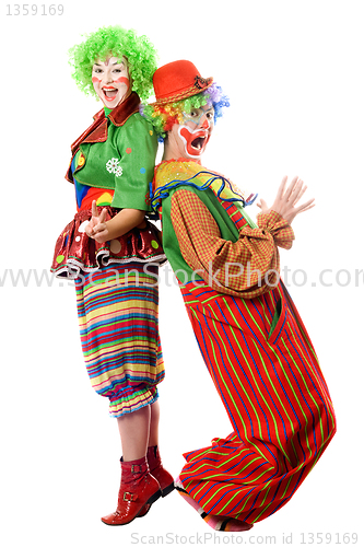 Image of Two clowns are back to back