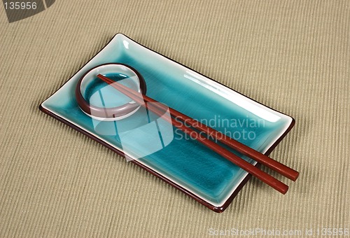 Image of Plate, dipping bowl and chop sticks