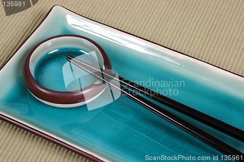 Image of Plate, dipping bowl and chop sticks on green mat 2