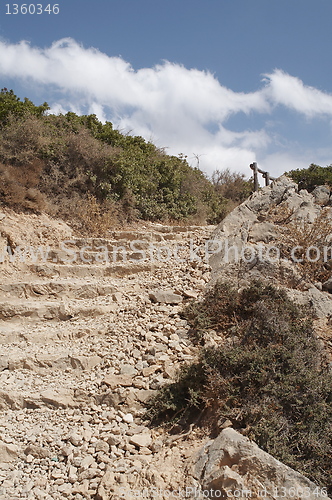 Image of path through mountains ,stone step close up