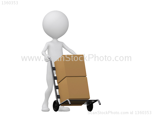 Image of 3d people icon with hand trucks and cargo boxes- This is a 3d re