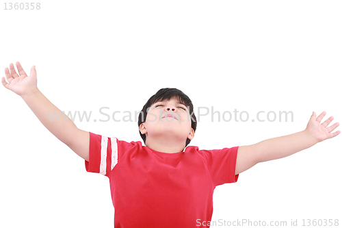 Image of Portrait of the young boy holding hands up