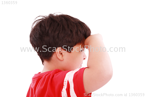 Image of boy intently looking far away, isolated on white background 