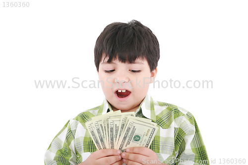 Image of A smiling little boy is counting money - on white background 
