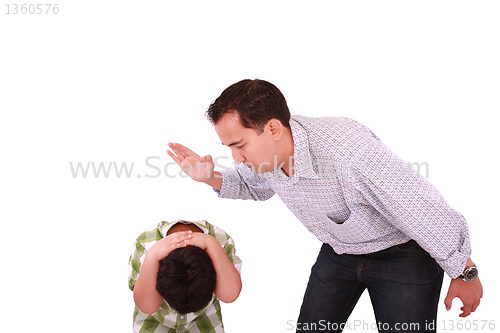 Image of Dad scolding his son, father with son isolated on white 