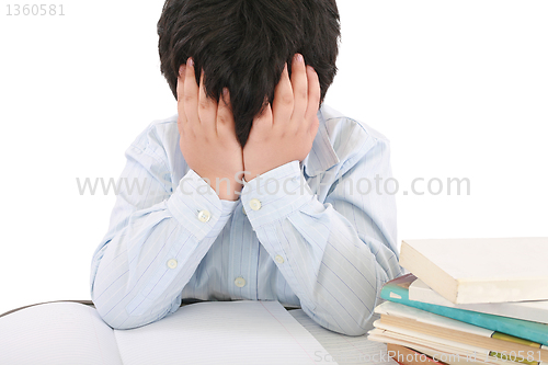 Image of Schoolboy being stressed by his homework, isolated on white back