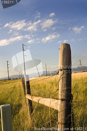 Image of Wooden Gate with Electric Pole and Blue Skies on the Background