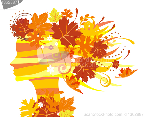 Image of Woman with autumn leaves