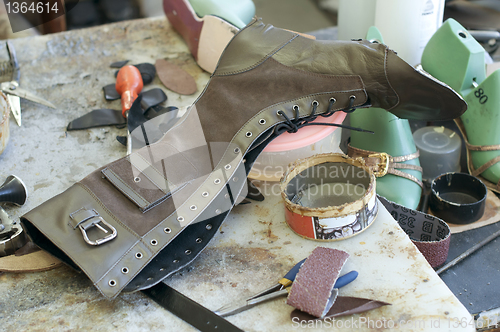 Image of Handmade manufacture of footwear.Unfinished boot